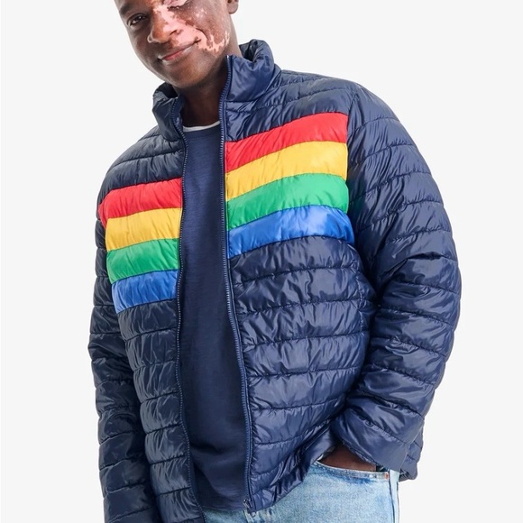 Primary Unisex Puffer Jacket - Navy with Rainbow Stripes - Picture 3 of 6